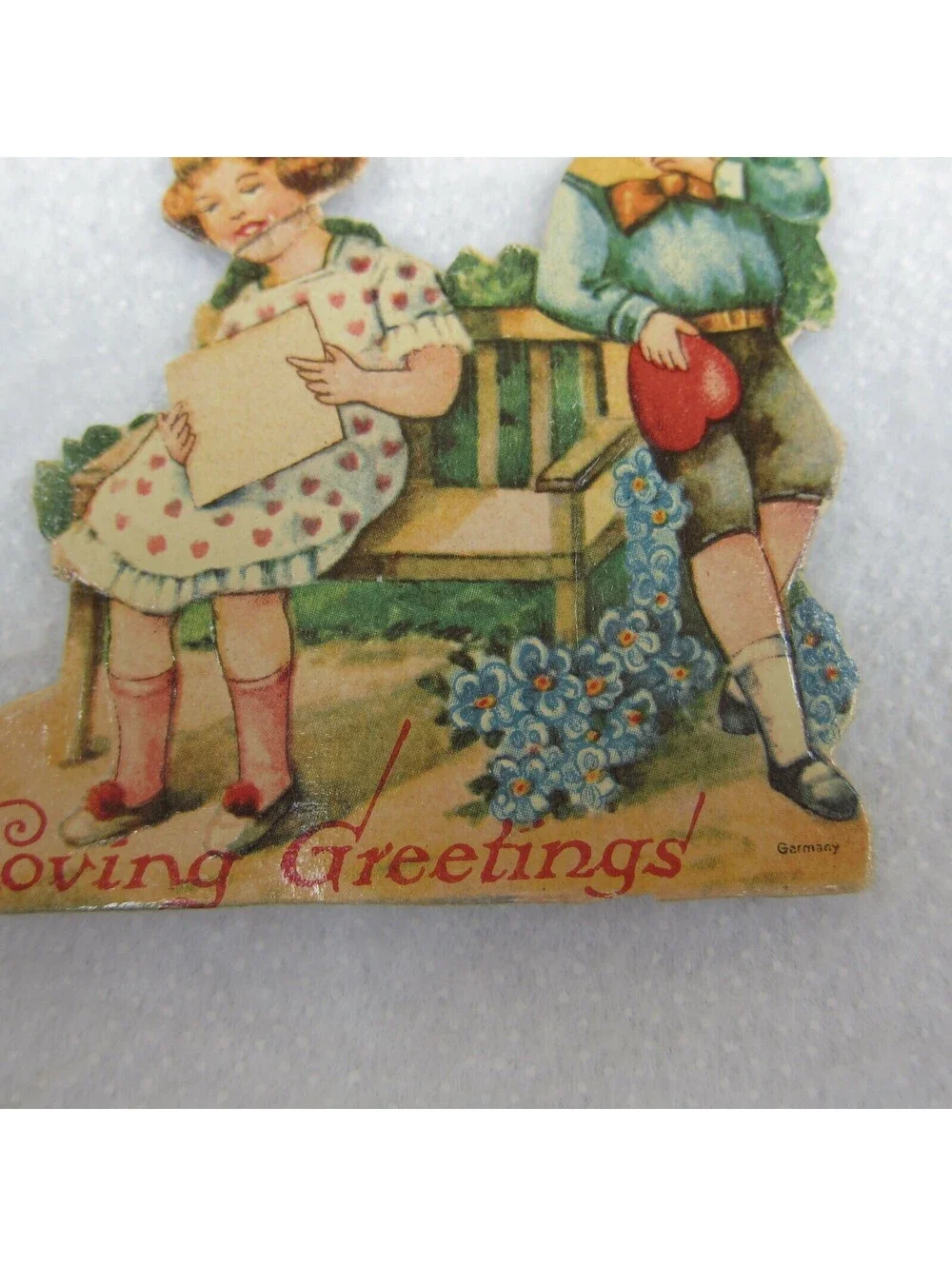 Vintage Valentine Die Cut Stand Up Boy & Girl on Bench Heart 1920s-30s Germany